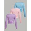 imageSOLY HUX Girls 3 Piece T Shirt Crew Neck Long Sleeve Ruched Crop Tops Slim Fit Solid Basic TeePurple Blue and Pink