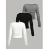 imageSOLY HUX Girls 3 Piece T Shirt Crew Neck Long Sleeve Ruched Crop Tops Slim Fit Solid Basic TeeWhite Black and Grey