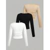 imageSOLY HUX Girls 3 Piece T Shirt Crew Neck Long Sleeve Ruched Crop Tops Slim Fit Solid Basic TeeWhite Black and Khaki