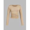 imageSOLY HUX Girls 3 Piece T Shirt Crew Neck Long Sleeve Ruched Crop Tops Slim Fit Solid Basic TeeWhite Black and Khaki
