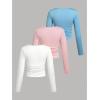 imageSOLY HUX Girls 3 Piece T Shirt Crew Neck Long Sleeve Ruched Crop Tops Slim Fit Solid Basic TeeWhite Blue and Pink