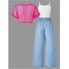 imageSOLY HUX Girls Graphic 3 Piece Outfits Sheer Crop Tee and Cami Top with Jeans Pants SetHot Pink White Multi