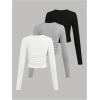 imageSOLY HUX Girls Long Sleeve T Shirts 3 Packs Crewneck Fall Tees Ruched Fitted Tee Shirt TopsBlack Grey White Bow