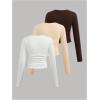 imageSOLY HUX Girls Long Sleeve T Shirts 3 Packs Crewneck Fall Tees Ruched Fitted Tee Shirt TopsWhite Apricot Brown
