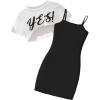 imageSOLY HUX Girls 2 Piece Outfits Short Sleeve Crop Top and Cartoon Print Cami Dress SetBlack Letter