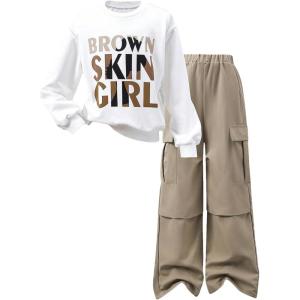 imageSOLY HUX Girls 2 Piece Outfits Graphic Crewneck Sweatshirt and Cargo Pants Set Fall ClothesWhite Letter