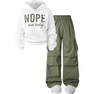 imageSOLY HUX Girls 2 Piece Outfits Graphic Hoodies Sweatshirt and Cargo Pants Set SweatsuitsWhite Green
