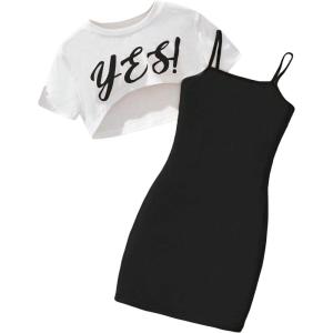 imageSOLY HUX Girls 2 Piece Outfits Short Sleeve Crop Top and Cartoon Print Cami Dress SetBlack Letter