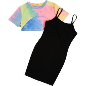 imageSOLY HUX Girls 2 Piece Outfits Short Sleeve Crop Top and Cartoon Print Cami Dress SetBlack Printed