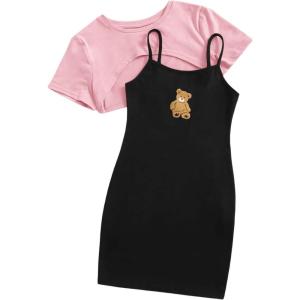 imageSOLY HUX Girls 2 Piece Outfits Short Sleeve Crop Top and Cartoon Print Cami Dress SetPink and Black Bear