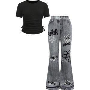 imageSOLY HUX Girls 2 Piece Summer Outfits Cute Graphic Print Short Sleeve Tee Tops and Flare Leg Pants SetBlack Letter