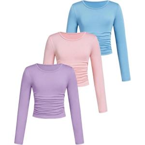 imageSOLY HUX Girls 3 Piece T Shirt Crew Neck Long Sleeve Ruched Crop Tops Slim Fit Solid Basic TeePurple Blue and Pink