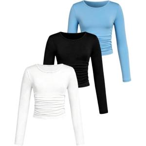 imageSOLY HUX Girls 3 Piece T Shirt Crew Neck Long Sleeve Ruched Crop Tops Slim Fit Solid Basic TeeWhite Black and Blue