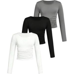 imageSOLY HUX Girls 3 Piece T Shirt Crew Neck Long Sleeve Ruched Crop Tops Slim Fit Solid Basic TeeWhite Black and Grey