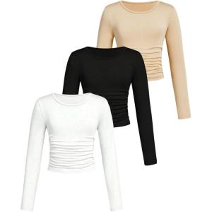imageSOLY HUX Girls 3 Piece T Shirt Crew Neck Long Sleeve Ruched Crop Tops Slim Fit Solid Basic TeeWhite Black and Khaki