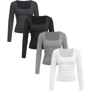 imageSOLY HUX Girls 4 Piece T Shirt Square Neck Long Sleeve Ruched Tee Slim Fit Fall TopsMulti