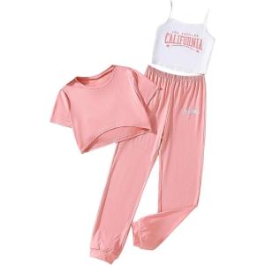 imageSOLY HUX Girls Butterfly Print Cami Tops ampamp High Low Hem Short Sleeve T Shirt with Sweatpants 3 PieceWhite Pink Letter