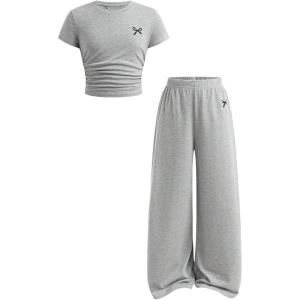 imageSOLY HUX Girls Clothes 2 Piece Set Bow Print Short Sleeve T Shirt and Long Pants OutfitsGrey Bow