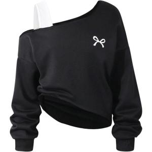 imageSOLY HUX Girls Cold Shoulder Sweatshirts Bow Graphic Long Sleeve Shirts Pullover Fall ClothesBlack Bow