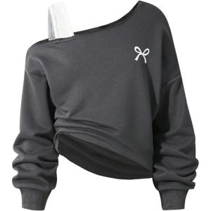 imageSOLY HUX Girls Cold Shoulder Sweatshirts Bow Graphic Long Sleeve Shirts Pullover Fall ClothesDark Grey