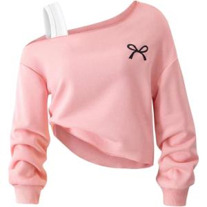 imageSOLY HUX Girls Cold Shoulder Sweatshirts Bow Graphic Long Sleeve Shirts Pullover Fall ClothesPink Bow