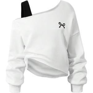 imageSOLY HUX Girls Cold Shoulder Sweatshirts Bow Graphic Long Sleeve Shirts Pullover Fall ClothesWhite Bow