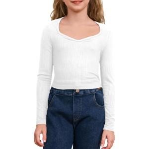 imageSOLY HUX Girls Crop Tops Long Sleeve T Shirts Cute Clothes Sweetheart Neck Ribbed Knit Trendy Casual Fitted TeesPlain White