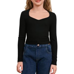 imageSOLY HUX Girls Crop Tops Long Sleeve T Shirts Cute Clothes Sweetheart Neck Ribbed Knit Trendy Casual Fitted TeesPure Black