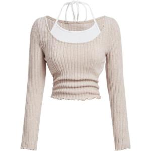 imageSOLY HUX Girls Cute Long Sleeve Crop Tops Preppy T Shirts Casual Halter Tops Cute Clothes for Girls Size 812Apricot and White