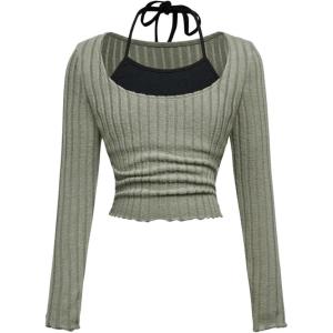 imageSOLY HUX Girls Cute Long Sleeve Crop Tops Preppy T Shirts Casual Halter Tops Cute Clothes for Girls Size 812Green and Black