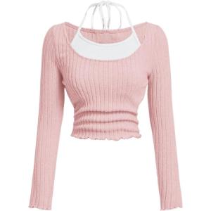 imageSOLY HUX Girls Cute Long Sleeve Crop Tops Preppy T Shirts Casual Halter Tops Cute Clothes for Girls Size 812Pink and White