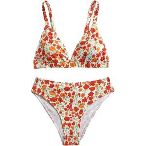 imageSOLY HUX Girls Floral Print Bikini Set V Neck Spaghetti Strap Bathing Suit Two Piece SwimsuitOrange Floral