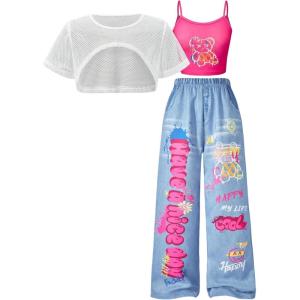 imageSOLY HUX Girls Graphic 3 Piece Outfits Sheer Crop Tee and Cami Top with Jeans Pants SetWhite Hot Pink
