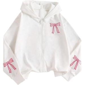 imageSOLY HUX Girls Graphic Zip Up Hoodie Sweatshirt Cute Bow Long Sleeve Hooded Casual JacketWhite Bow