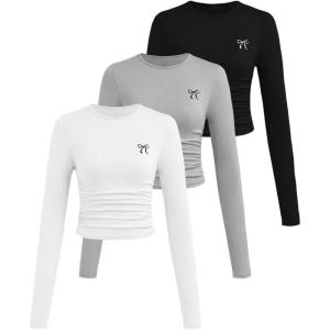 imageSOLY HUX Girls Long Sleeve T Shirts 3 Packs Crewneck Fall Tees Ruched Fitted Tee Shirt TopsBlack Grey White Bow