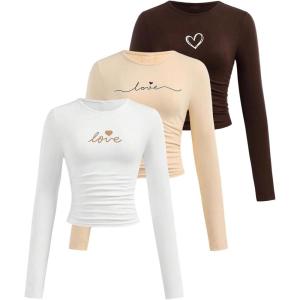 imageSOLY HUX Girls Long Sleeve T Shirts 3 Packs Crewneck Fall Tees Ruched Fitted Tee Shirt TopsWhite Apricot Brown