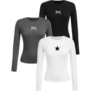 imageSOLY HUX Girls Long Sleeve TShirts 3 Packs Basic Tops Crew Neck Fitted Tees Fall ClothesBlack Grey White Graphic