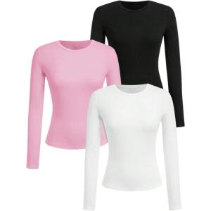 imageSOLY HUX Girls Long Sleeve TShirts 3 Packs Basic Tops Crew Neck Fitted Tees Fall ClothesPink Black White
