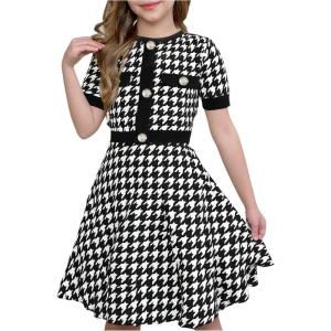 imageSOLY HUX Girls Plaid Dress Short Sleeve Crew Neck Houndstooth Button A Line Short DressesBlack and White Plaid