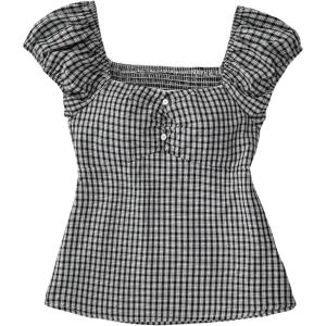 imageSOLY HUX Girls Plaid Gingham Tops Sweetheart Neck Puff Sleeve Peplum Cute Summer BlouseBlack Plaid