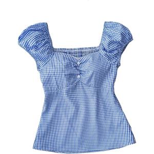 imageSOLY HUX Girls Plaid Gingham Tops Sweetheart Neck Puff Sleeve Peplum Cute Summer BlouseBlue and White Plaid