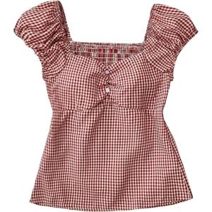 imageSOLY HUX Girls Plaid Gingham Tops Sweetheart Neck Puff Sleeve Peplum Cute Summer BlouseBurgundy Plaid