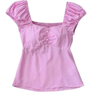 imageSOLY HUX Girls Plaid Gingham Tops Sweetheart Neck Puff Sleeve Peplum Cute Summer BlousePink Plaid