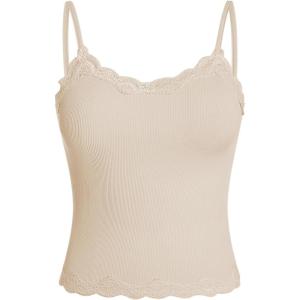 imageSOLY HUX Girls Sleeveless Lace Trim Camisoles Spaghetti Strap Ribbed Crop Tank TopsPure Apricot