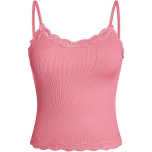 imageSOLY HUX Girls Sleeveless Lace Trim Camisoles Spaghetti Strap Ribbed Crop Tank TopsPure Watermelon Pink