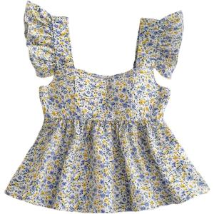 imageSOLY HUX Girls Summer Floral Print Ruffle Cap Sleeve Sweetheart Neck Tops Peplum Cute Babydoll BlouseBlue and White Floral