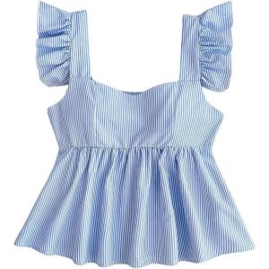 imageSOLY HUX Girls Summer Floral Print Ruffle Cap Sleeve Sweetheart Neck Tops Peplum Cute Babydoll BlouseBlue and White Striped