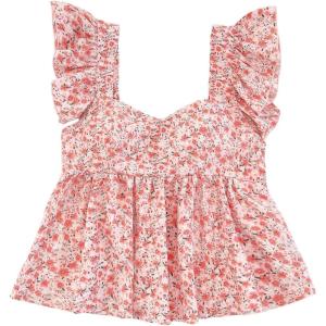 imageSOLY HUX Girls Summer Floral Print Ruffle Cap Sleeve Sweetheart Neck Tops Peplum Cute Babydoll BlouseRed Floral