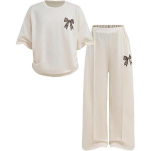 imageSOLY HUX Girls Sweatsuit Short Sleeve T Shirts and Sweatpants Streetwear Summer Clothes 2 PieceApricot Leopard Bow