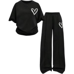 imageSOLY HUX Girls Sweatsuit Short Sleeve T Shirts and Sweatpants Streetwear Summer Clothes 2 PieceBlack Heart